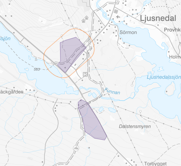 Kartbild som visar utvecklingsområde för verksamheter Östra sidan av Röstberget - Ljusnedal