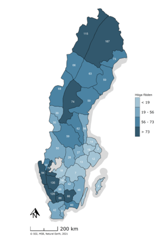 Antalet varningar för höga flöden. Varningar för höga flöden beskriver perioden 2016–2020.