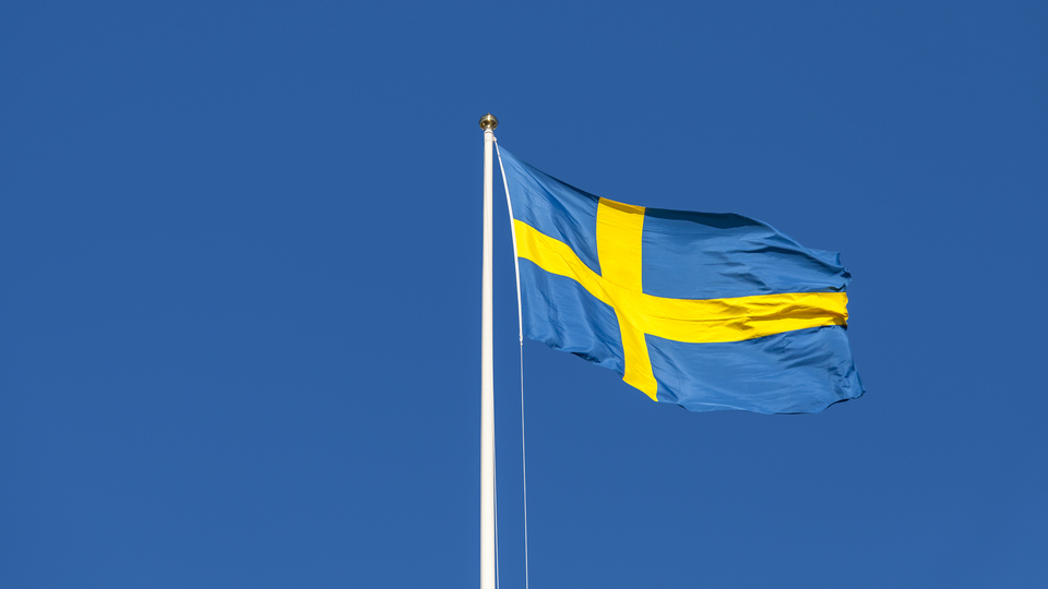 En blågul flagga mot en blå himmel.