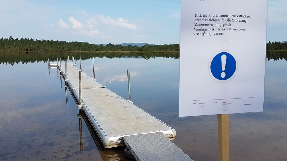 Badbrygga i Sandtjärn med en skylt som varnar för eventuella e-kolibakterier i badvattnet.