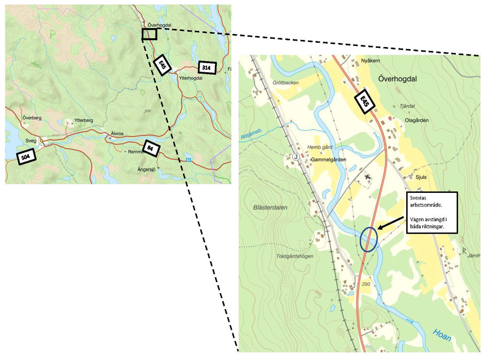 Kartbild över brostängning/vägarbete  Överhogdal juni 2022