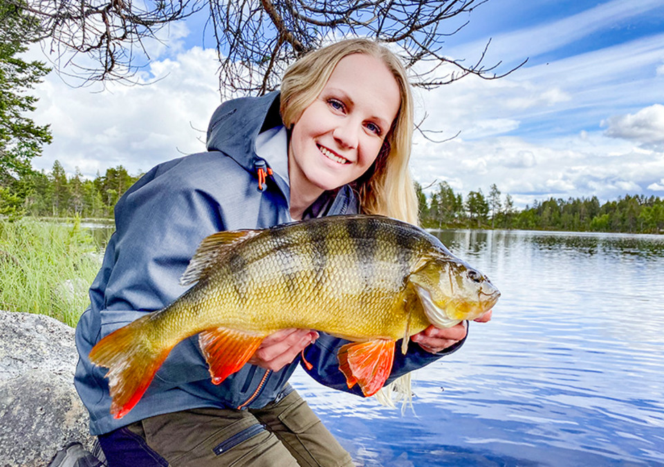 Tjej som håller upp en nyfångad aborre vid en sjö
