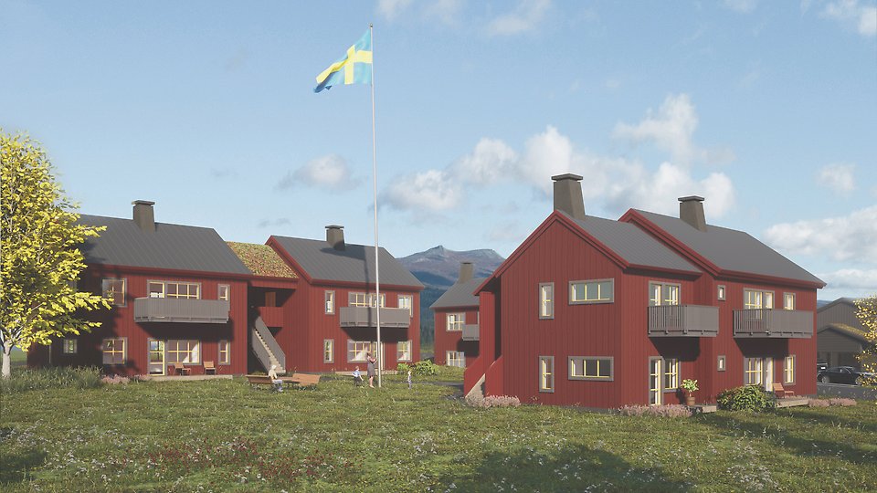Röda och grå tvåvåningshus med träfasad.