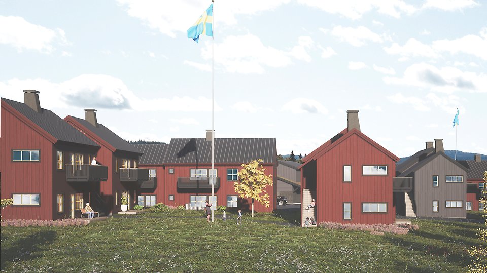 Röda och grå tvåvåningshus med träfasader.