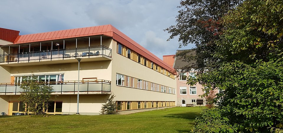 Gult flervåningshus med två balkonger på kortsidan och träd och buskar i förgrunden