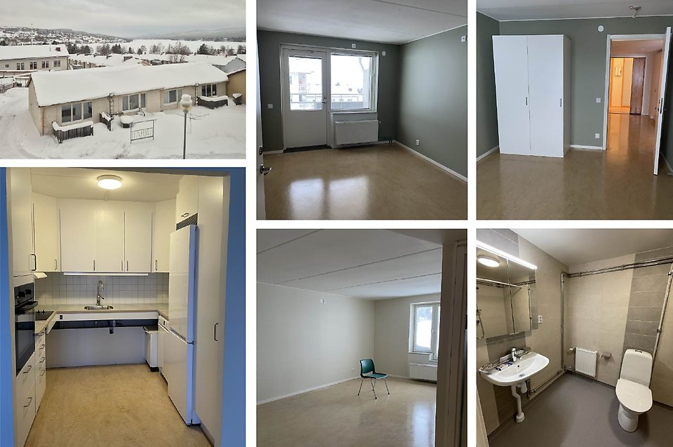 Kollage av bilder från en lägenhet i trygghetsboende i Funäsdalen