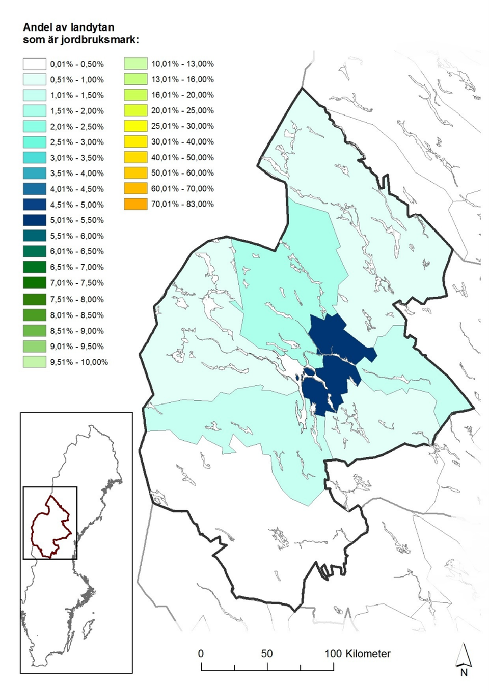 Figur 3 Andel av landytan som är jordbruksmark (Jordbruksverket 2015)