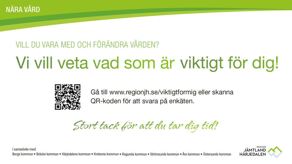 Webbadress till webbsida med enkäten på www.regionjh.se/viktigtformig och en QR-kod som leder till samma sida.